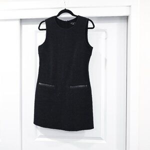Theory Size 8 Courtney Double Boucle Black Wool Leather Trim Dress